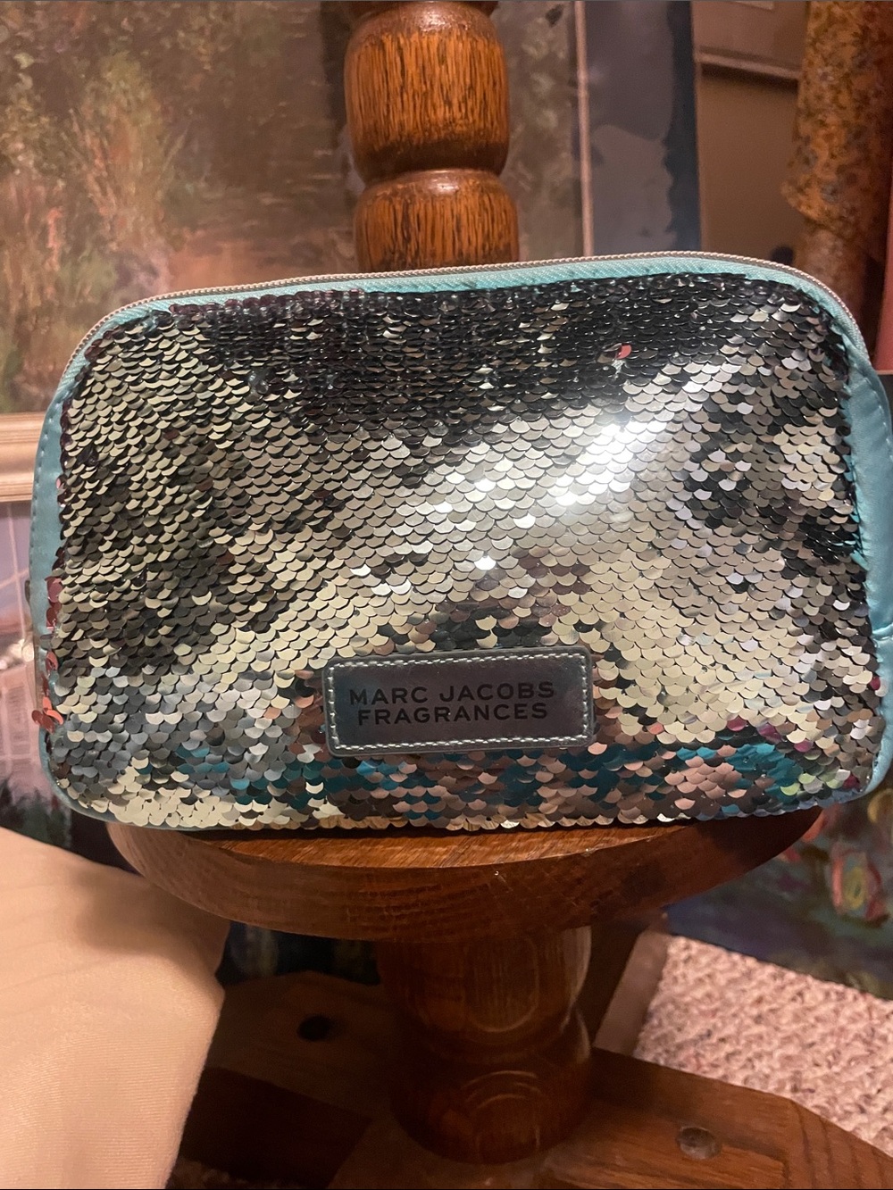 Marc Jacobs Fragrances Iridescent Silver Sequin Cosmetic Pouch with Blue Trim